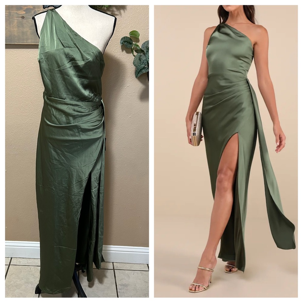 Lulu's Olive Green One-Shoulder Satin Maxi Dress